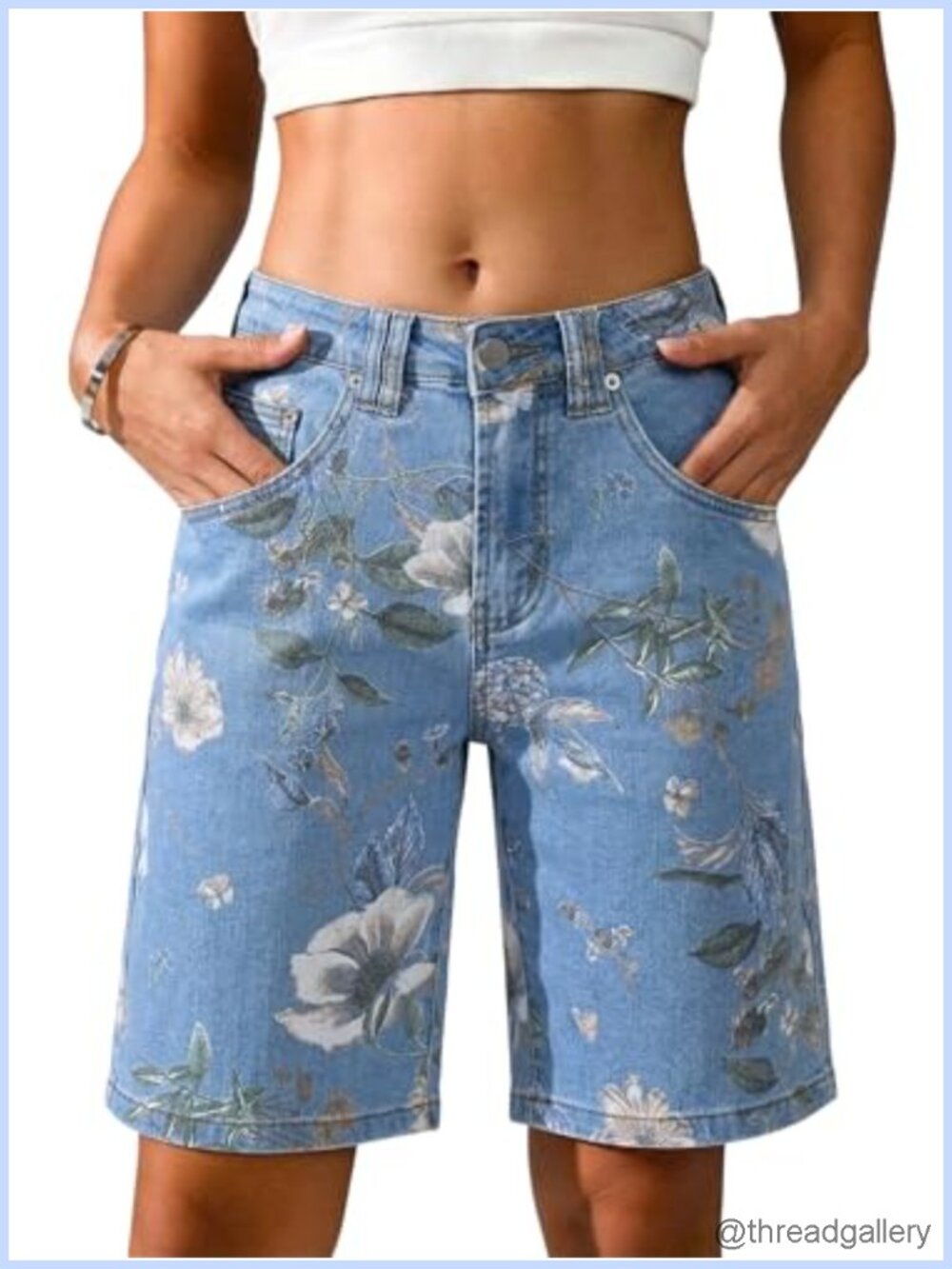 Womens Printed Denim Bermuda Shorts Baggy Y2K Straight Leg Knee Length Jorts